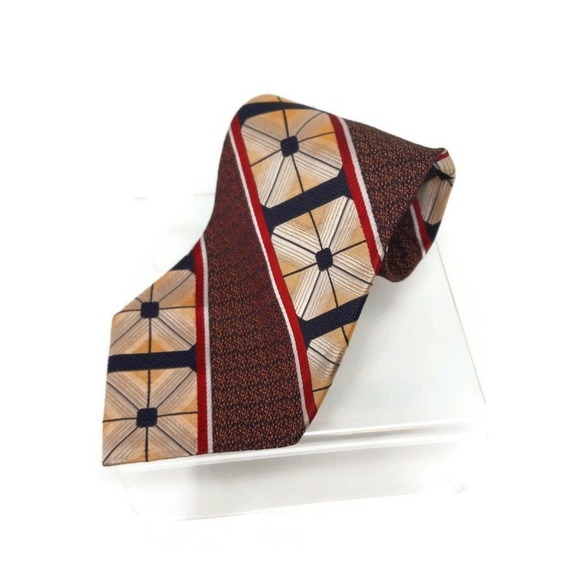 Gong Jak Mens Tie Necktie Red Black Beige Geometric Wide Short - Picture 1 of 6